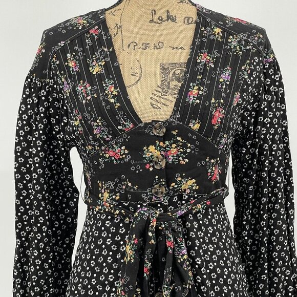 Free People Wonderland Floral Dress XS Floral‎ Pleated Sash Tie Sleeve Button - Picture 3 of 10